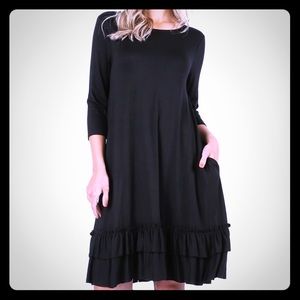 Black 3/4 Sleeve Dress with Ruffled Hem